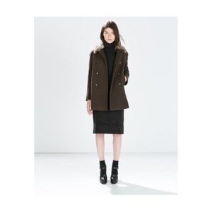 Zara Basic Wool Coat w/ Detachable Faux Fur Collar